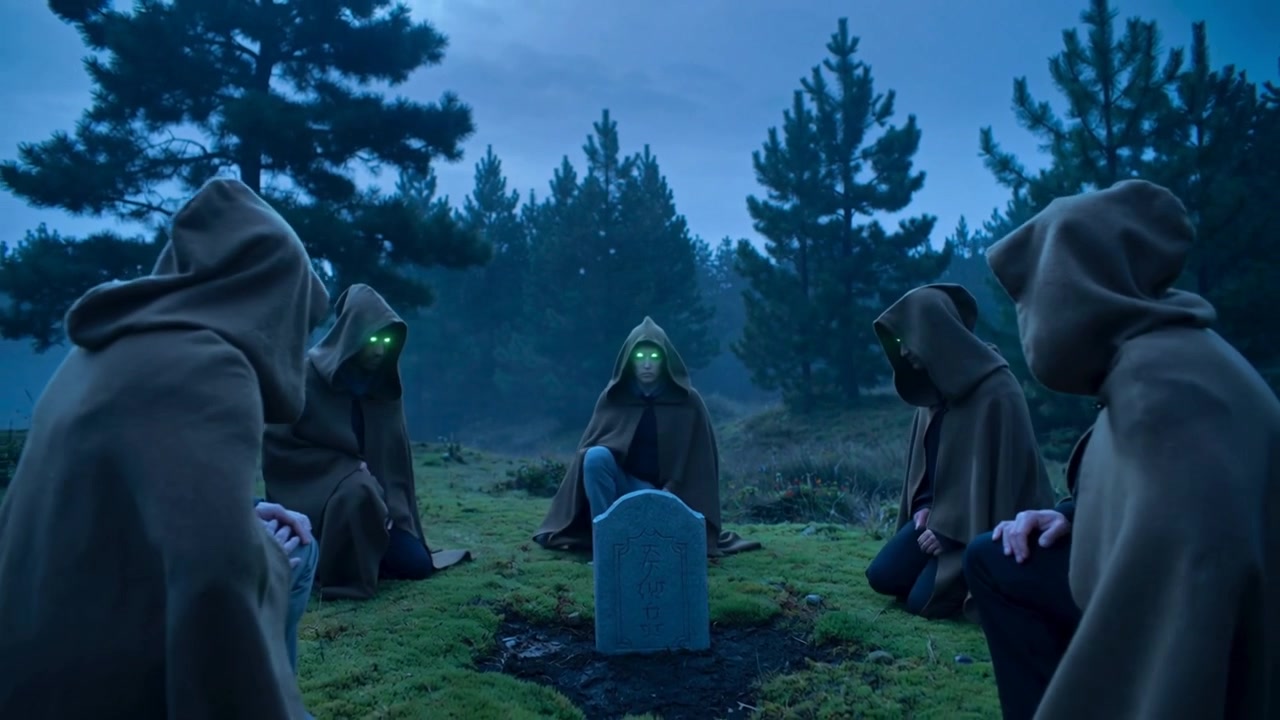 Brunklædt gruppe knæler i et ritual omkring en grav i fyrretræer ved skumring, jeans, grønt lysende.