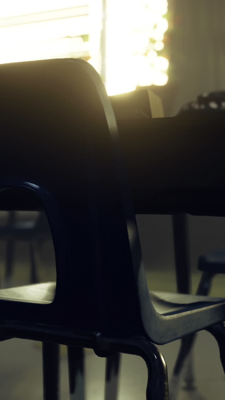 Quiet classroom with empty black chairs in warm afternoon light