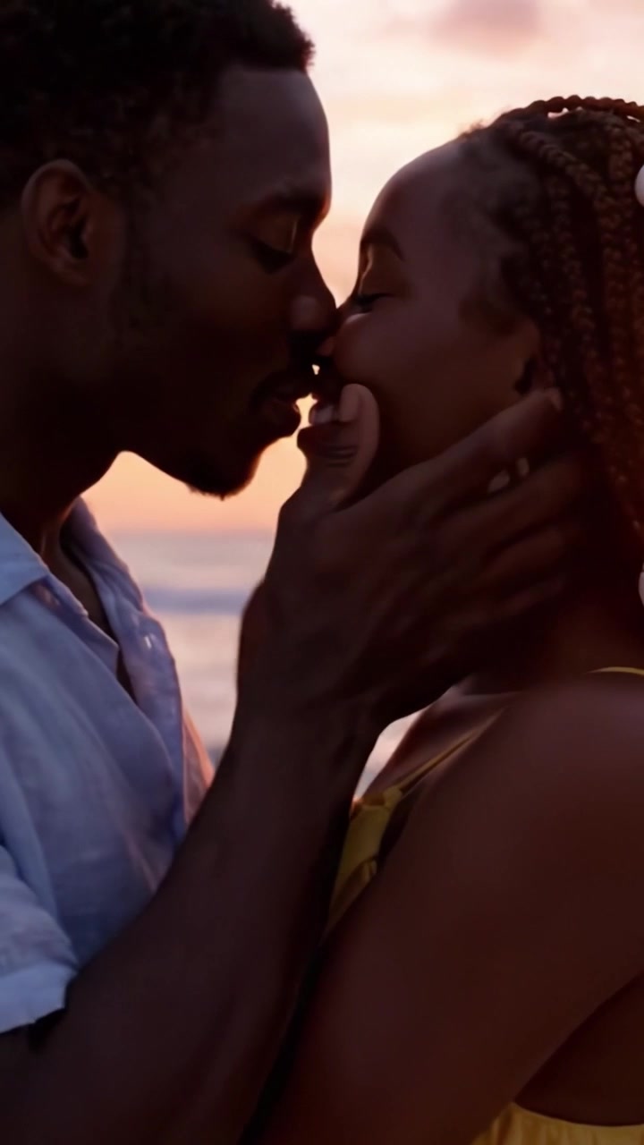 Captivating Moments of Love: A Romantic Sunset Embrace Between Two Individuals on the Beach, Exchanging Affection and Tenderness Amidst a Breathtaking Backdrop