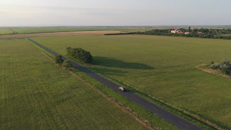 an aerial view of a single car traveling along a narrow rural road surrounded by vast green fields. the open landscape stretches to the horizon under a clear afternoon sky, creating a peaceful scene