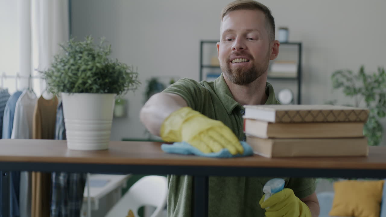 Man Cleaning a Home Shelf