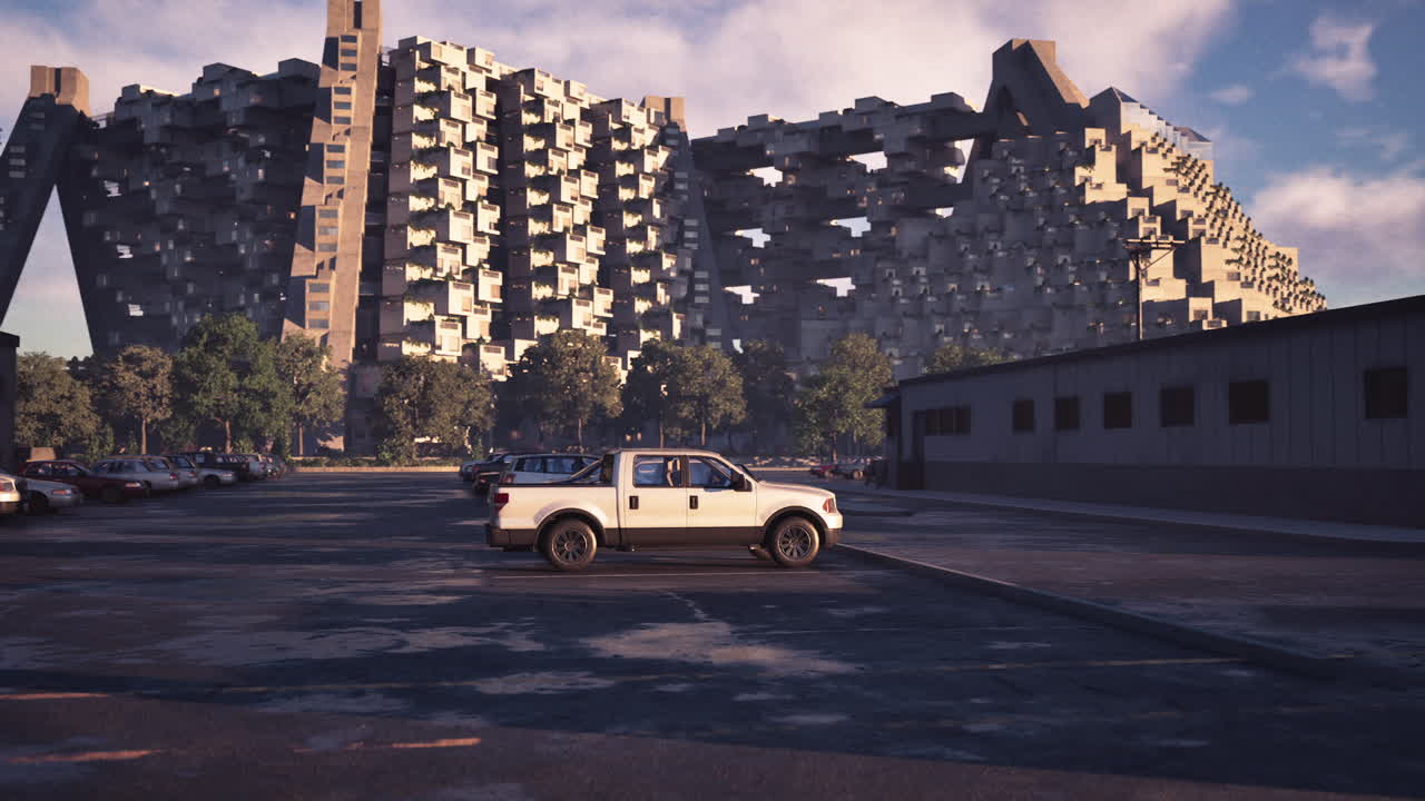 Architettura moderna che contrasta con auto parcheggiate in un contesto urbano di giorno