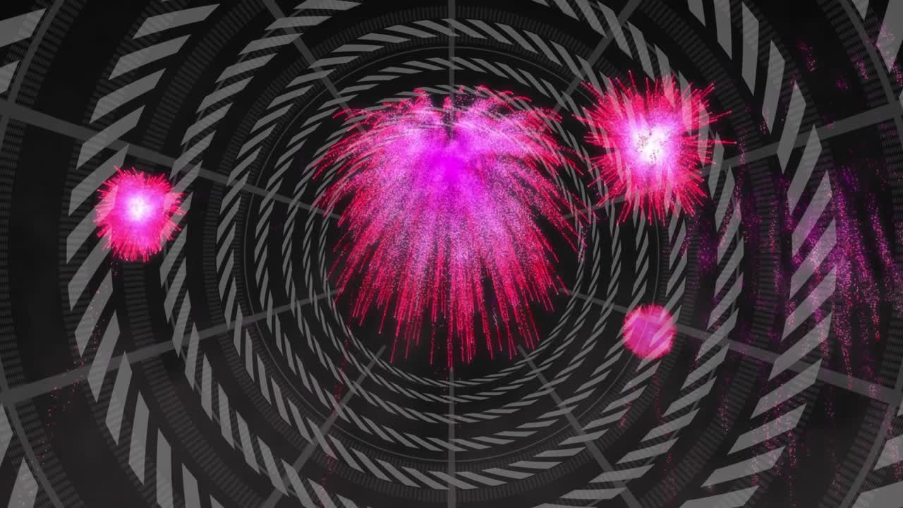 Magenta burst forming, tunnel spinning while sparks streaking out and fading showing pulse spin