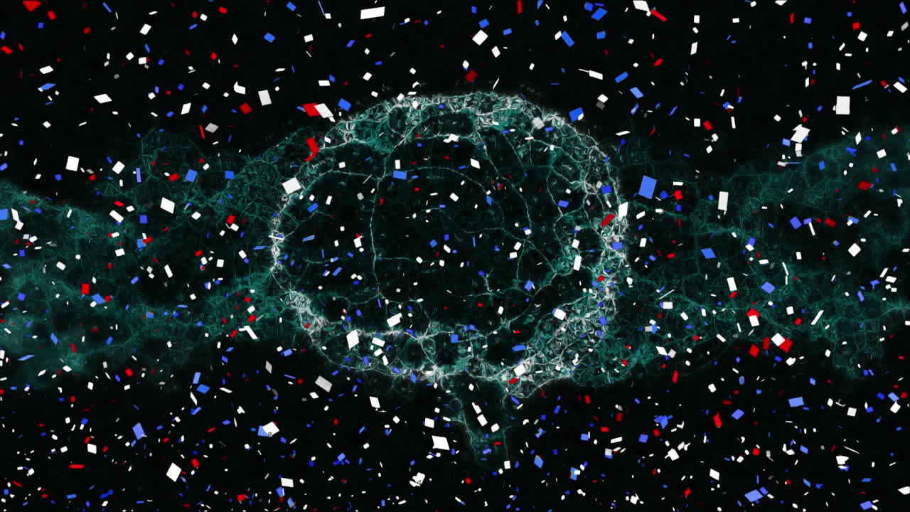 검은색 배경에 디지털 인간 뇌 위에 파란색, 빨간색,  ⁇ 색 콘페티의 애니메이션