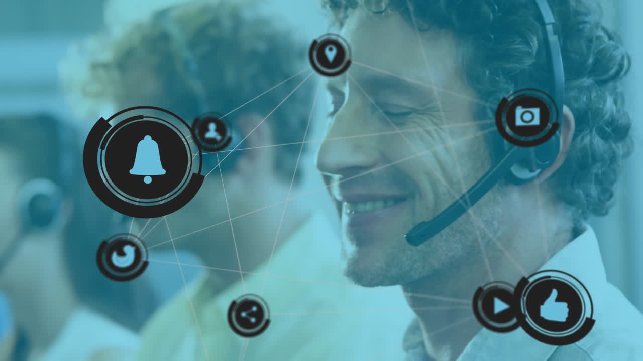 animación de conexión con iconos y datos sobre empresario caucásico en la oficina