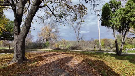 Caminando-Entre-Las-Hojas-En-Un-Día-Nublado-De-Otoño-A-Través-De-Un-Cementerio-Del-Medio-Oeste