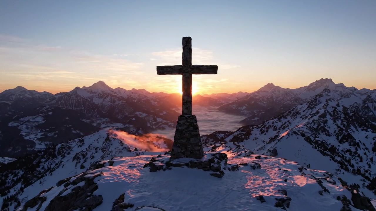 En majestetisk soloppgang bak et steinkors på de snødekte fjelltoppene, som belyser det vidstrakte landskapet med varmt gyllent lys og ro.