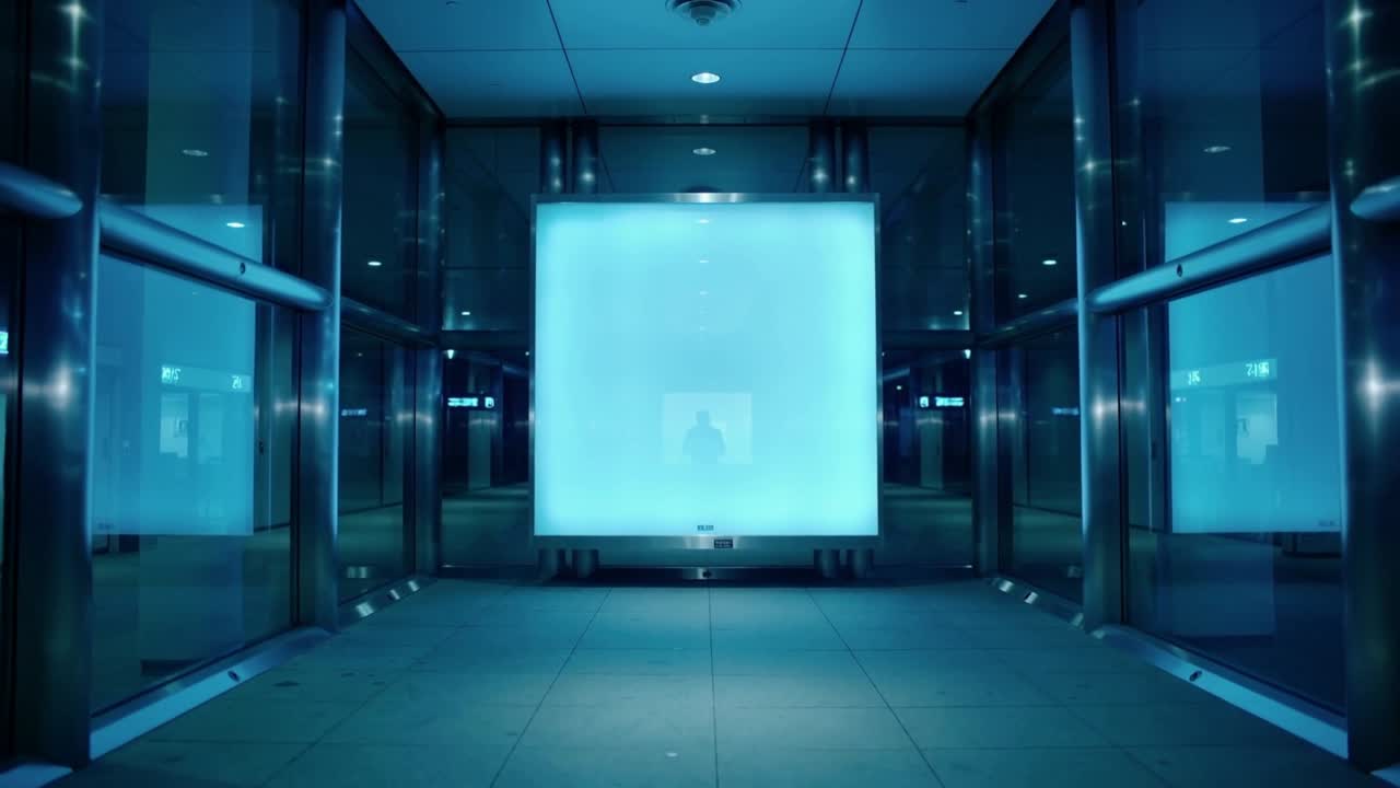 Grande pannello quadrato luminoso che si illumina in un corridoio di vetro, proiettando riflessi blu sul pavimento piastrellato.