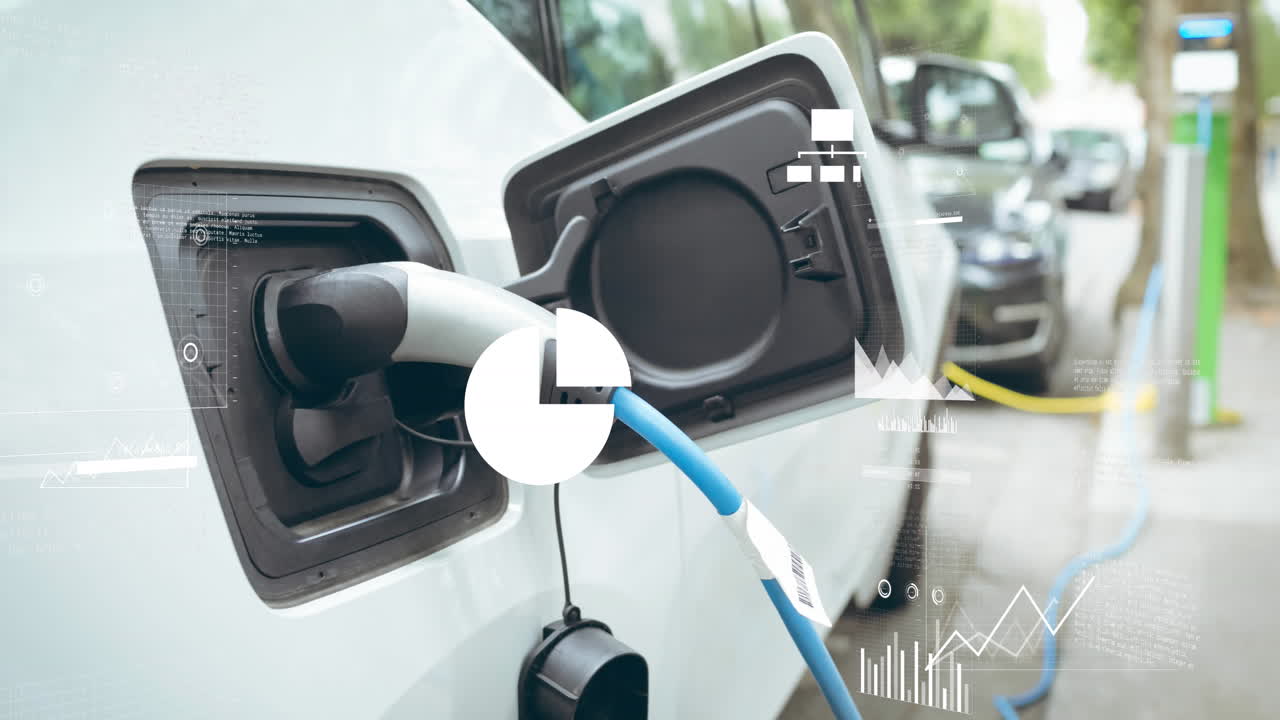 animación del procesamiento de datos estadísticos sobre la carga de automóviles eléctricos en una estación de carga