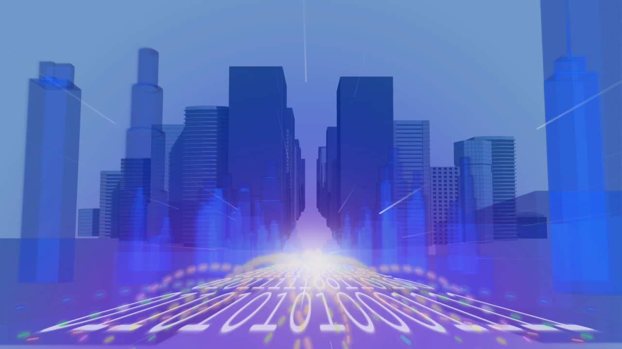Animation of digital binary code flowing towards futuristic city skyline at dusk