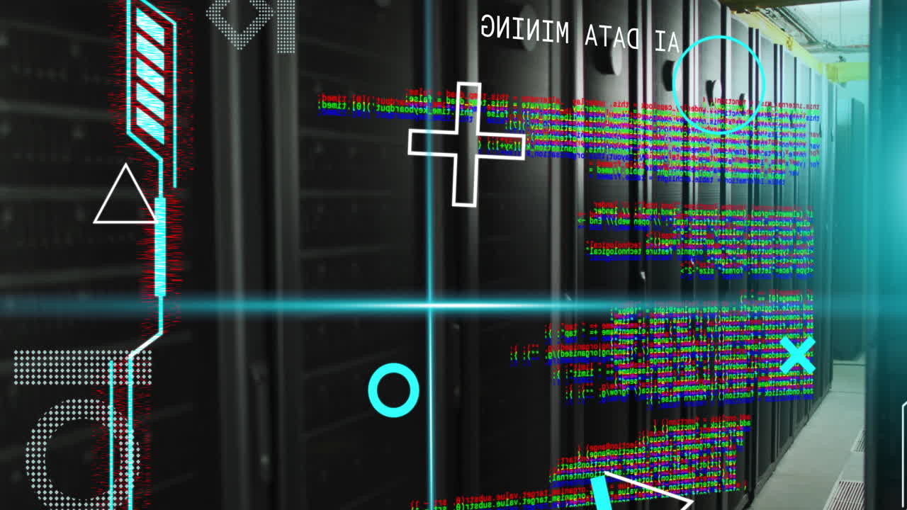 Digital data processing animation over servers in data center