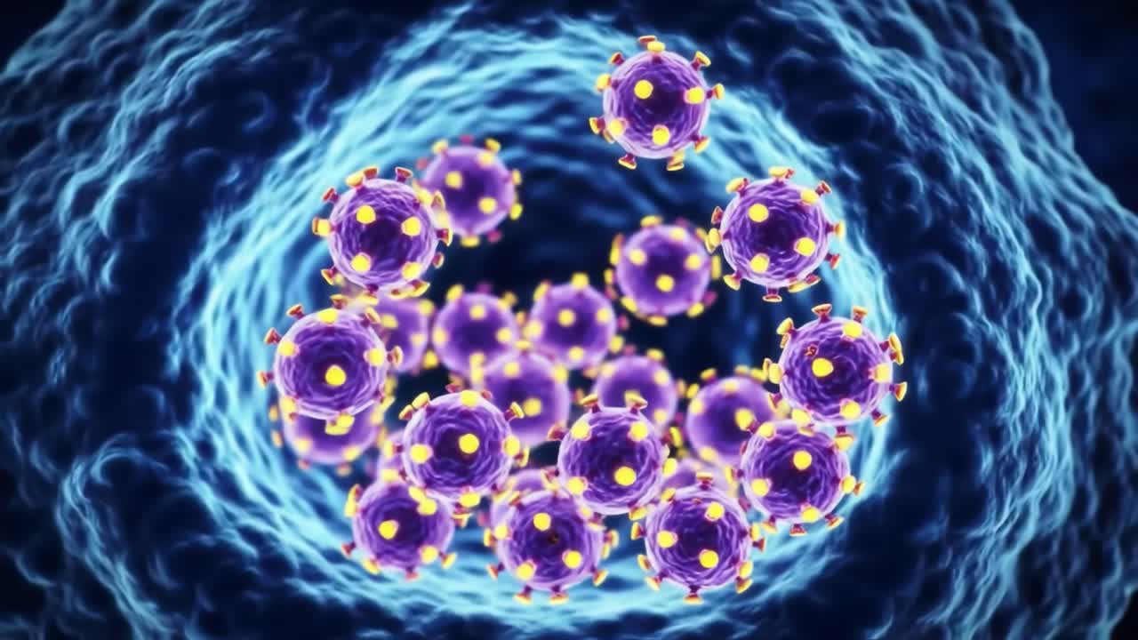 Explore the intricate details of viruses as they interact with living cells. This visual representation shows the unique structures that enable viral replication and infection.