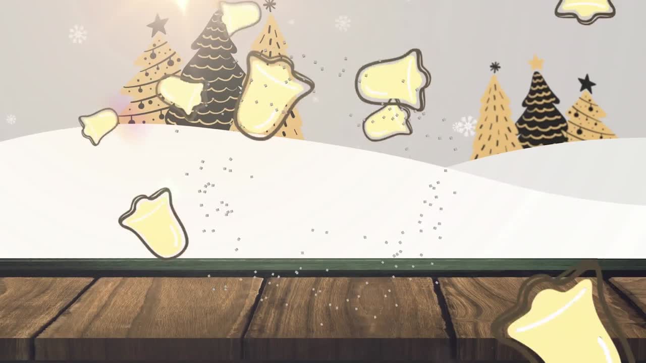 animación de iconos de campanas de navidad sobre superficie de madera contra árboles de navidad en el paisaje de invierno.