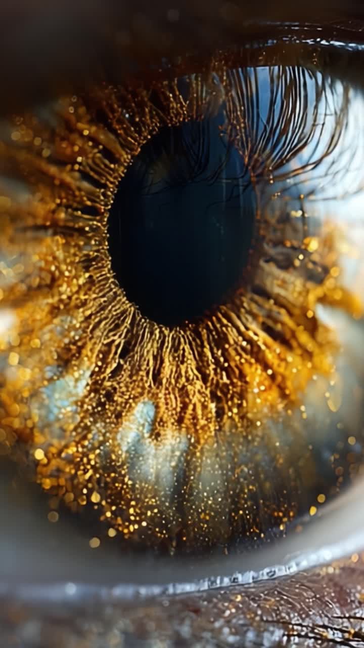 Close-up Exploration of a Stunningly Detailed Golden Eye, Featuring Intricate Patterns and Shimmering Textures that Capture the Beauty of the Human Iris