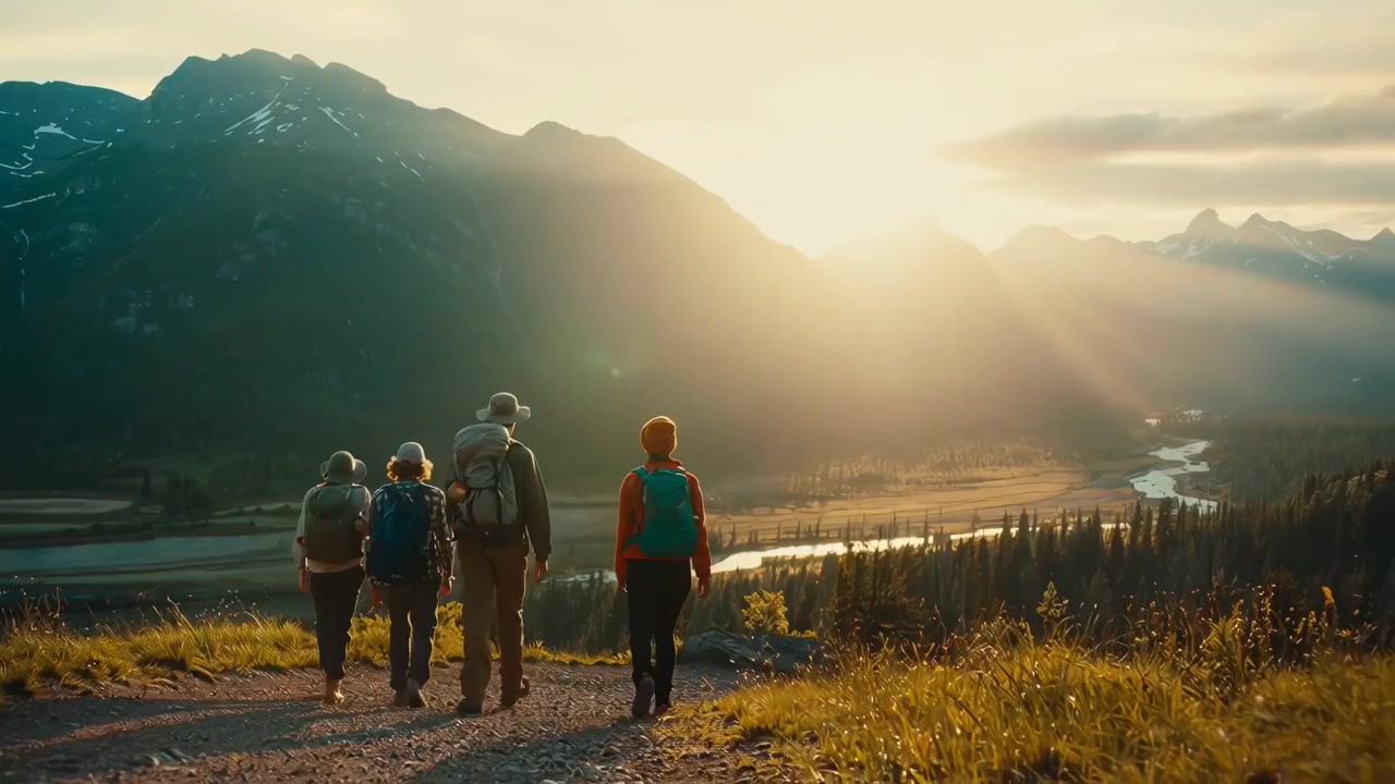 Gruppo di amici che fanno trekking su un sentiero di montagna panoramico al tramonto.