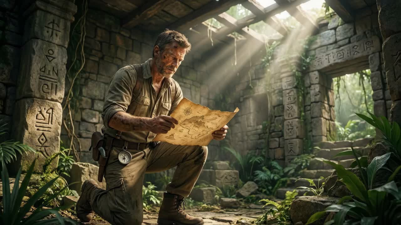 An explorer discovering ancient ruins and a treasure map