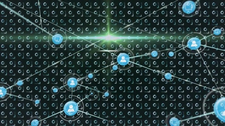 Target appearing, blue avatars spawning and linking via lines, network growing and mapping peers