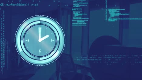 digital clock ticking and data processing against empty office in background