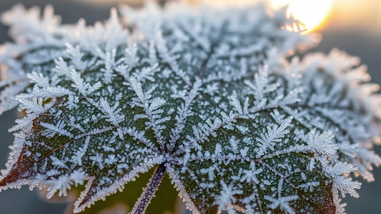 A Captivating Close-up of a Frosted Leaf, Showcasing Beautiful Ice Crystals Forming Intricate Patterns as the Sunlight Begins to Shine Through the Morning Dew