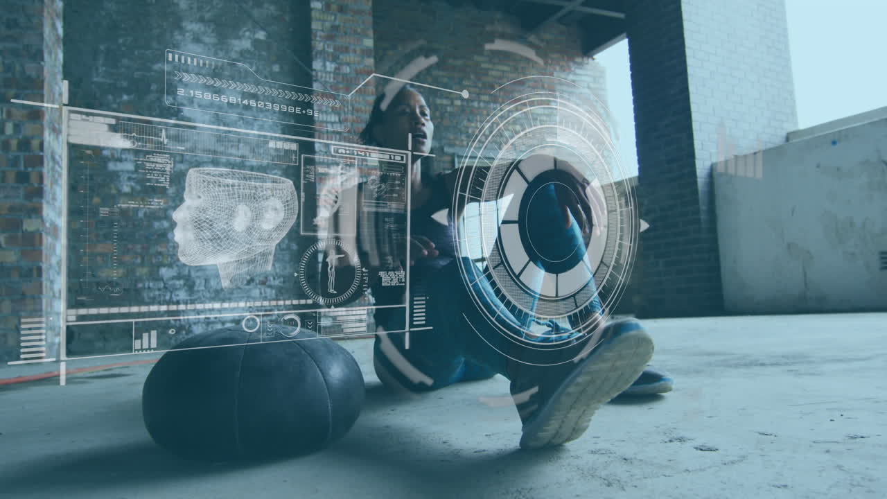 버려진 건물에서 휴식을 취하는 여성에 대한 통계와 그래프의 애니메이션