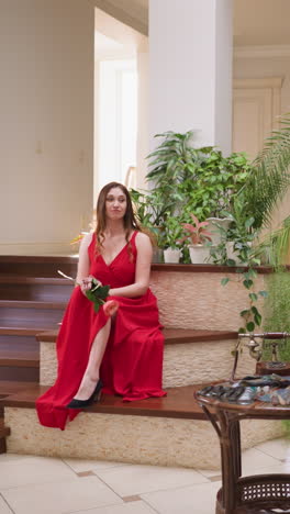 un artista dibuja a una mujer con ropa roja en una galería. una hermosa dama con un vestido carmesí posa para un retratista experto en una cabaña decorada con plantas exóticas.
