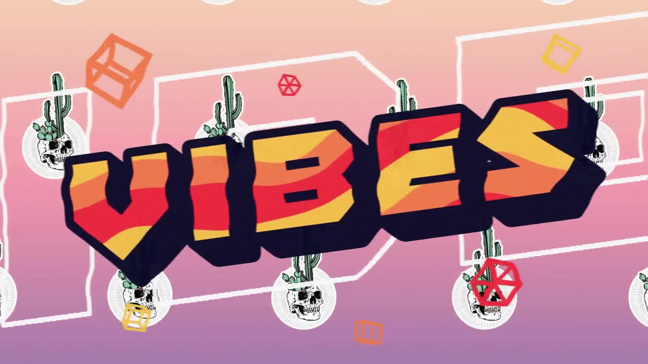 Animation of vibes text and pattern on pink background