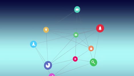 animation of network of digital icons against blue gradient background