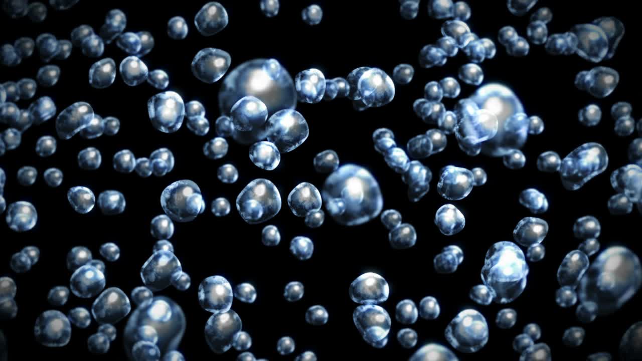 검은 바탕에 많은 물방울이 날아가고, 순수한 물방울, 투명한 표면, 공기 거품이 회전하는 3d 애니메이션, 루프 애니메이션.