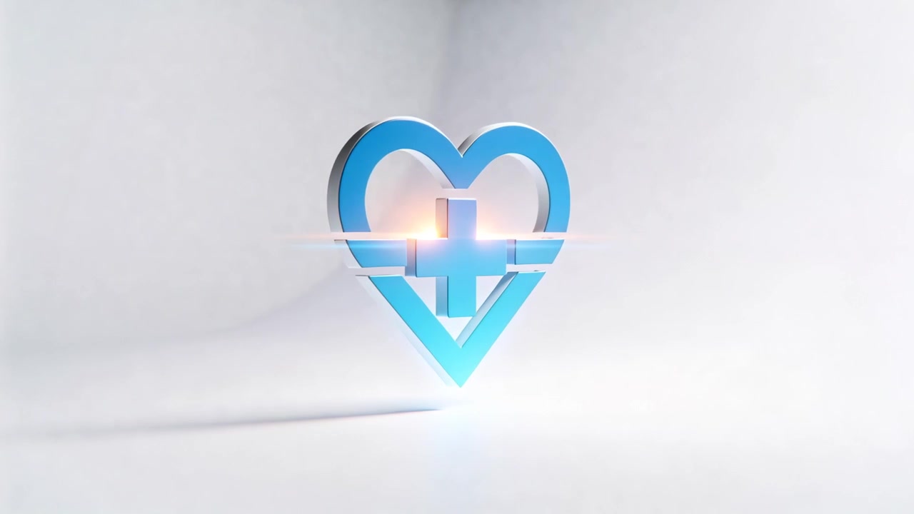 Bagliore luminoso che crea un emblema a cuore 3D fluttuante con un più, in studio, che si inclina e rivela profondità.