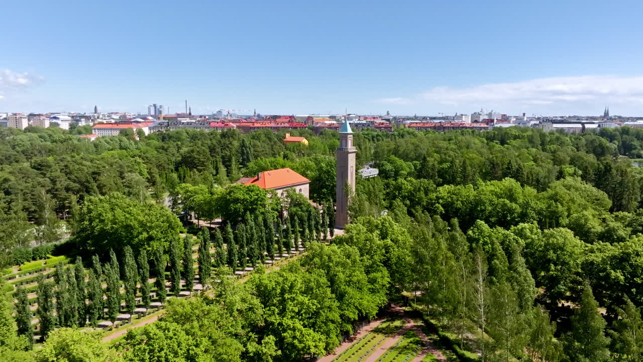 Drone flying around the Hietaniemi chapel, sunny, summer day in Helsinki, Finland