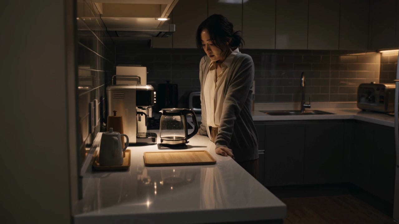 Notando una caraffa vuota, una donna in cardigan si china per ispezionare la macchina del caffè sul bancone della cucina, con una tazza.