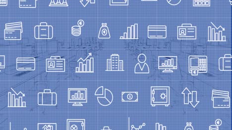 animación de múltiples iconos digitales a través de la red de cuadrícula contra el modelo de oficina 3d.