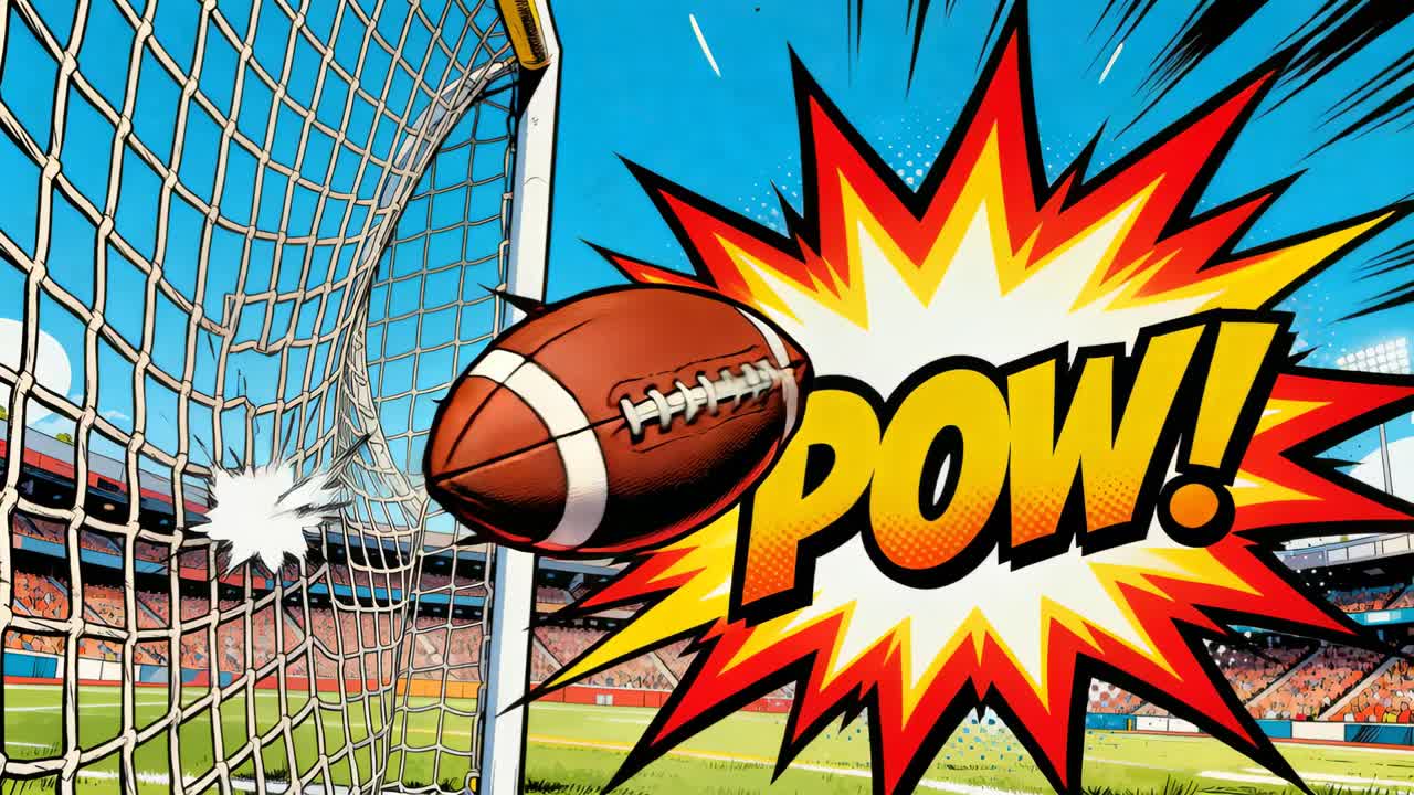 Potku laukaisee jalkapallon maaliverkon läpi stadionilla, kenttämaalia yrittäen, POW-kupla.