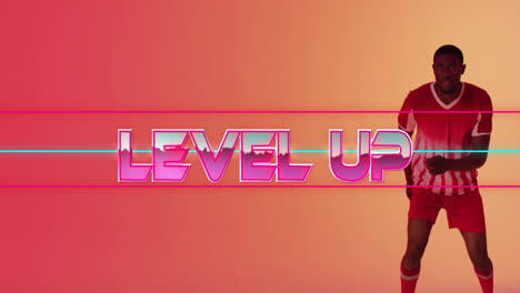 animation of level up text with shapes over african american male soccer player kicking ball
