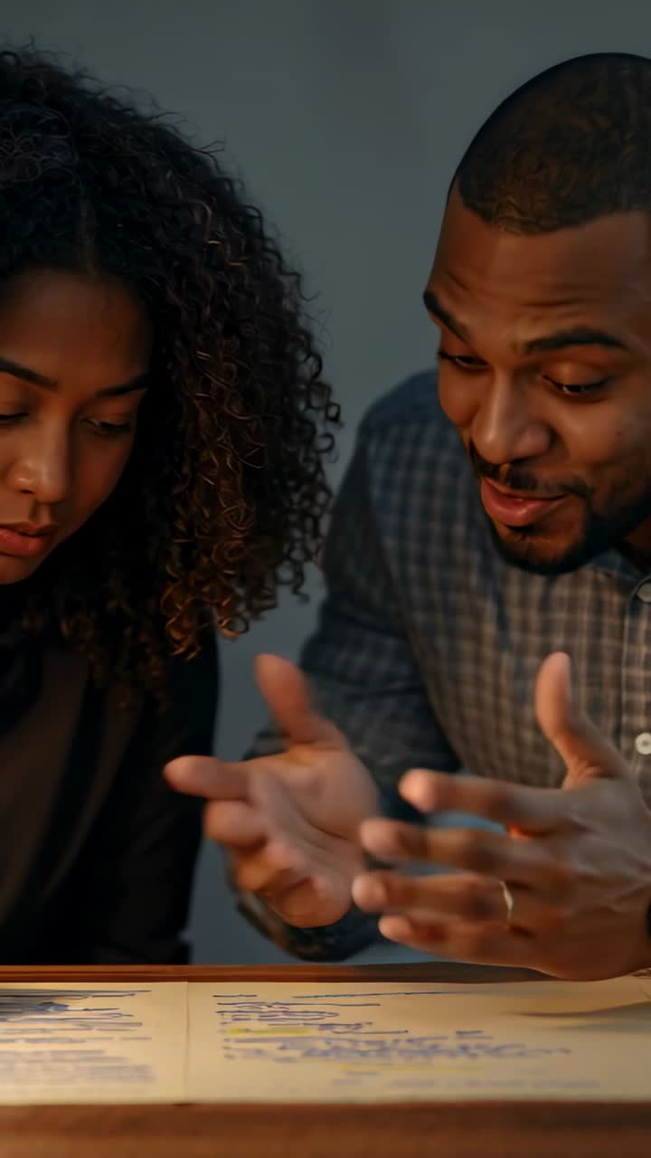 Vertical video: Couple receiving form at home table, woman marking lines as man pointing to agree