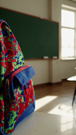 colorful backpack in classroom