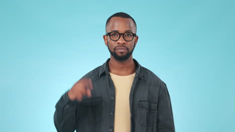 scale, smile and face of black man in a studio