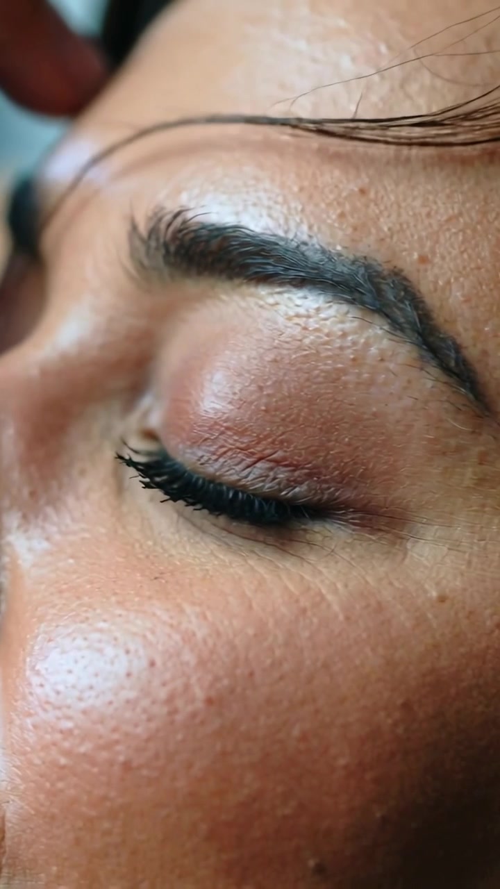 Vertical video: Entering left hand, woman brushing hair, clearing eyelid in home, with eyeglass