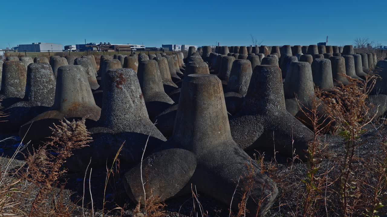 A perspective shot of rows of concrete tetrapods along the Arakawa riverbank in Tokyo. The modern Blue Iwabuchi Sluice Gate is visible in the background, highlighting the city's flood defense and eros