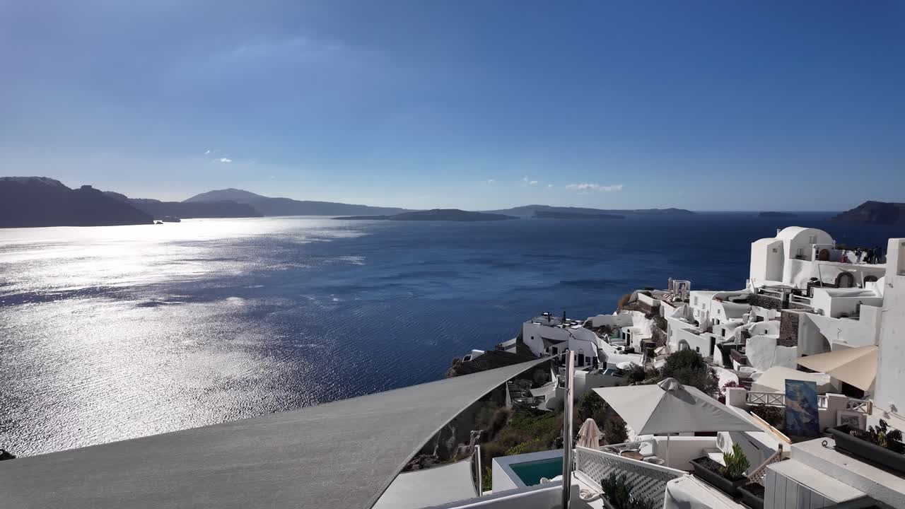 coastal blue Aegean Sea waters and islands from Santorini Island, Greece