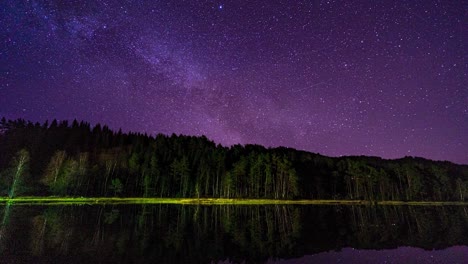 timelapse of the milkeyway in norway over a forest with reflection in a lake