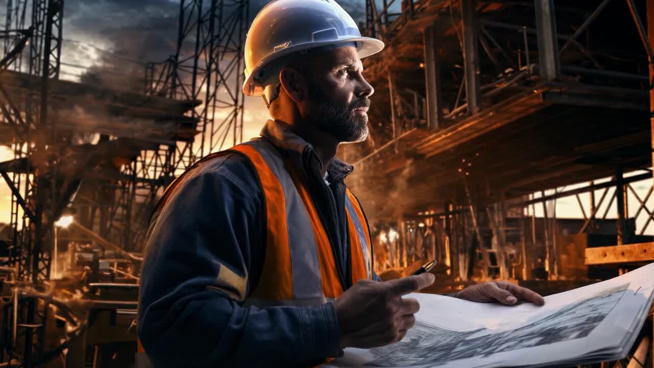 Dramatic low-angle shot of a construction worker in a hard hat and vest, studying blueprints