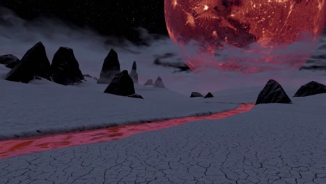 alien frozen desert landscape with red sun
