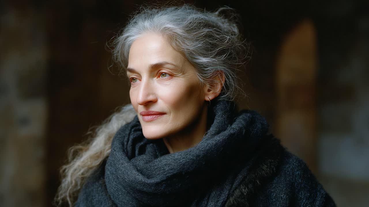 Portrait of a Graceful Woman with Gray Hair and a Cozy Scarf, Exuding Elegance and Serenity in a Softly Lit Environment, Captured in Natural Light