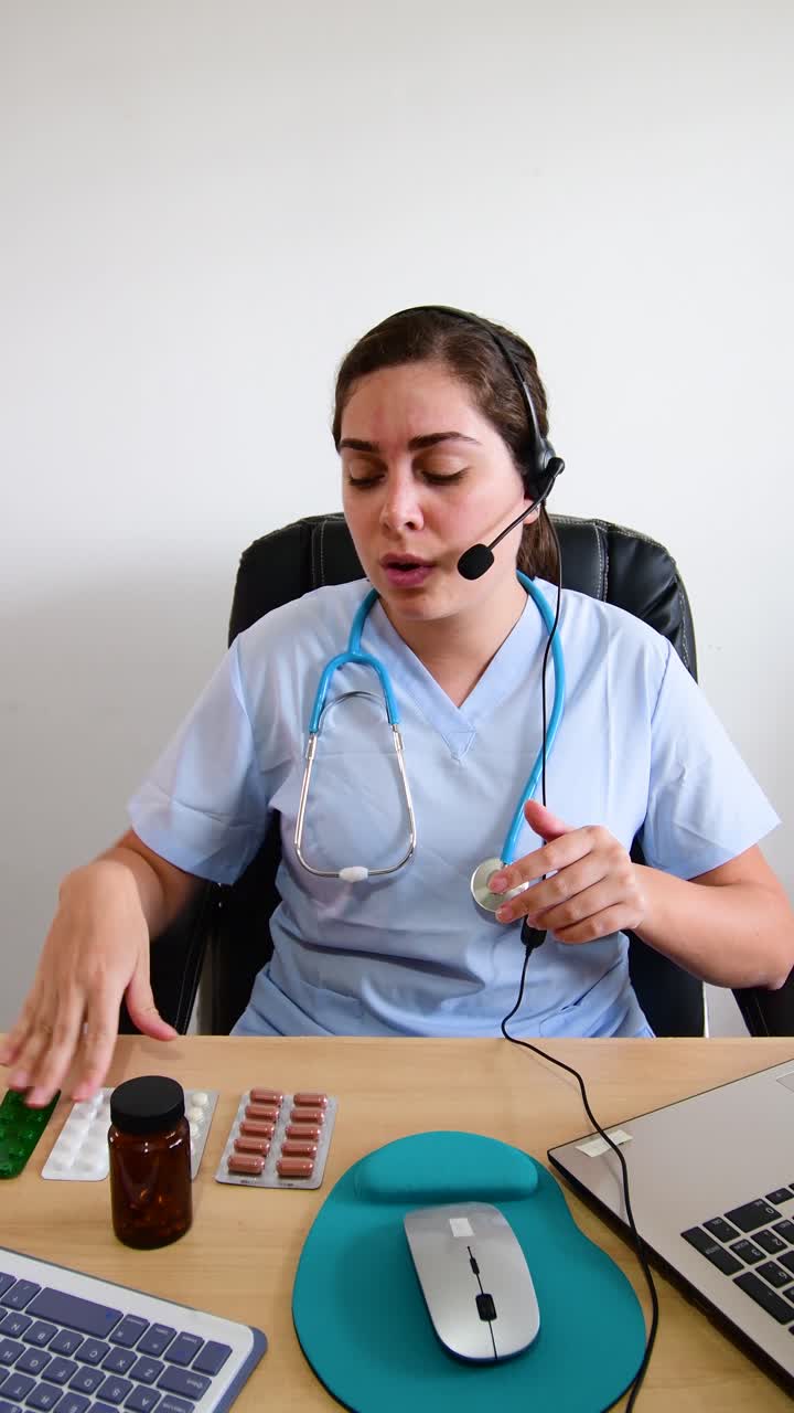 Healthcare online. Female doctor working in her office at clinic.
