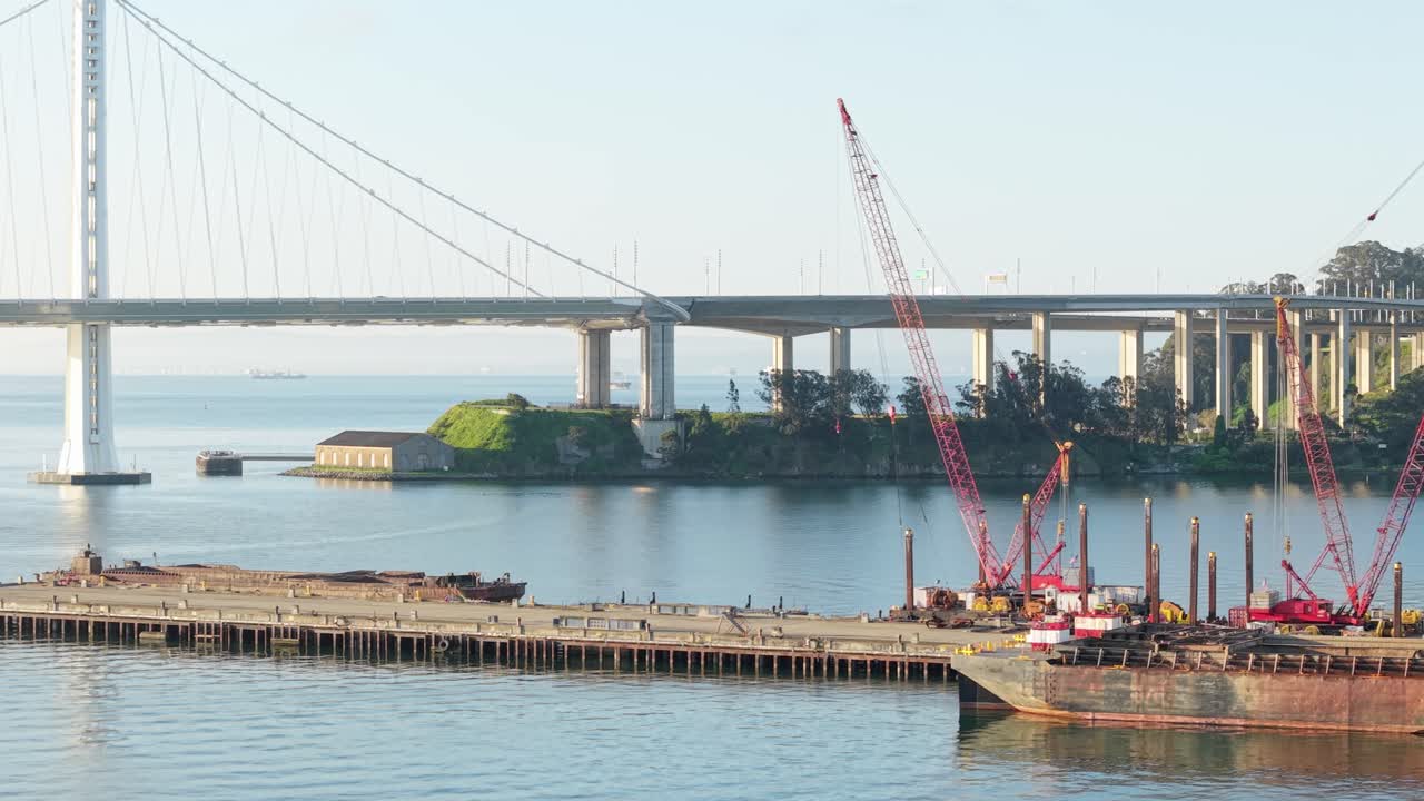 A close up aerial shot of the San Francisco Bay Bridge from Treasure Island. Shot on the DJI Air 3S.