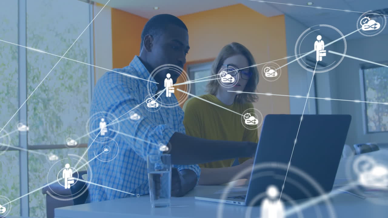 Animation of network of connections with people icons over diverse business people in office