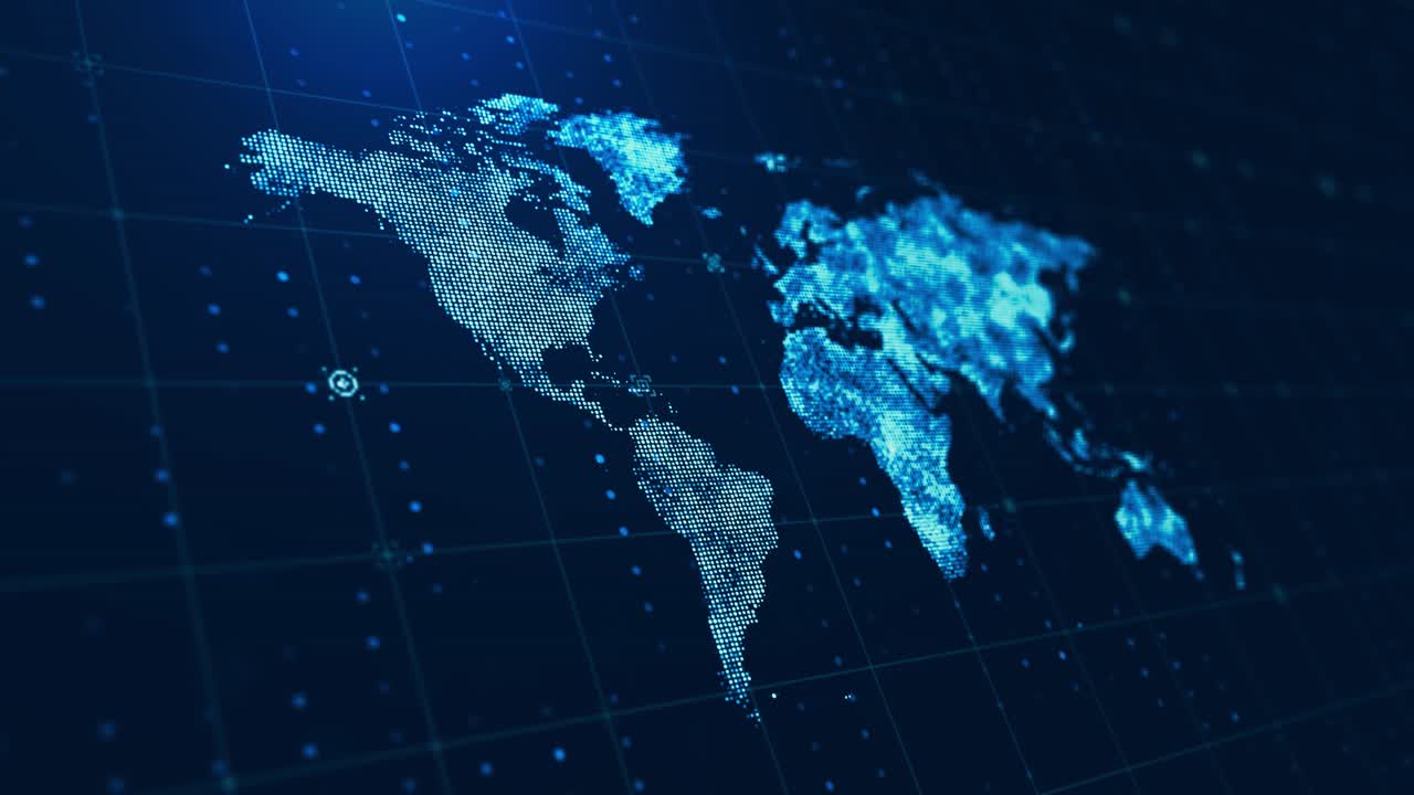 digital dotted world map with blinking particles and grid background animation