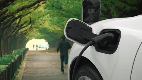 progressive ev car recharging battery at the park surround with people and tree.