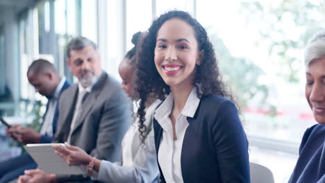face, business woman and waiting room for hiring